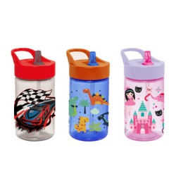 Μπουκάλι πλαστικό με καλαμάκι παιδικό 3 σχέδια 430ml